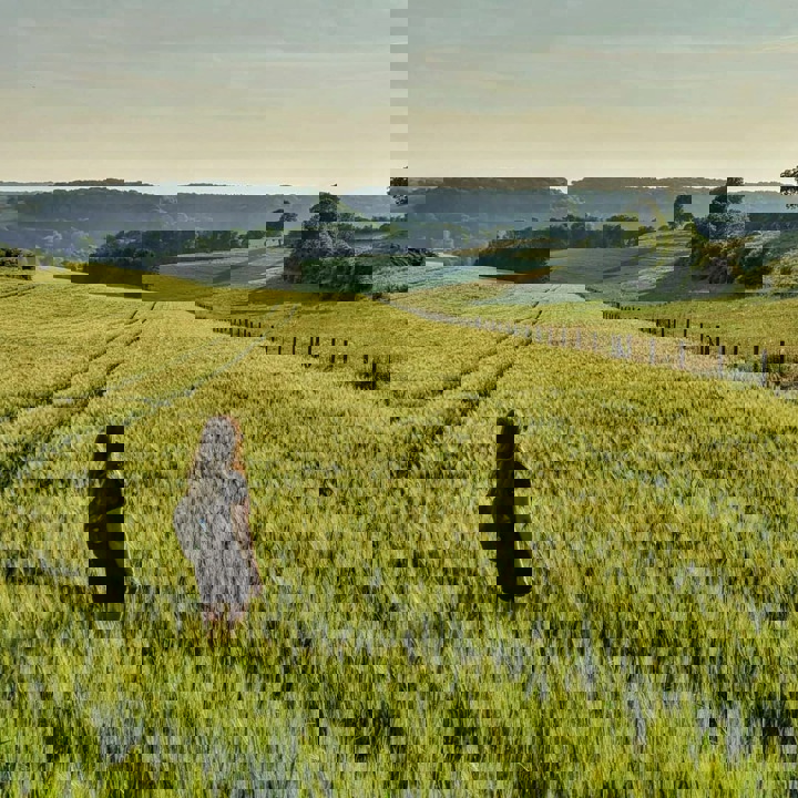 Vrouw staat in een veld en kijkt naar het uitzicht