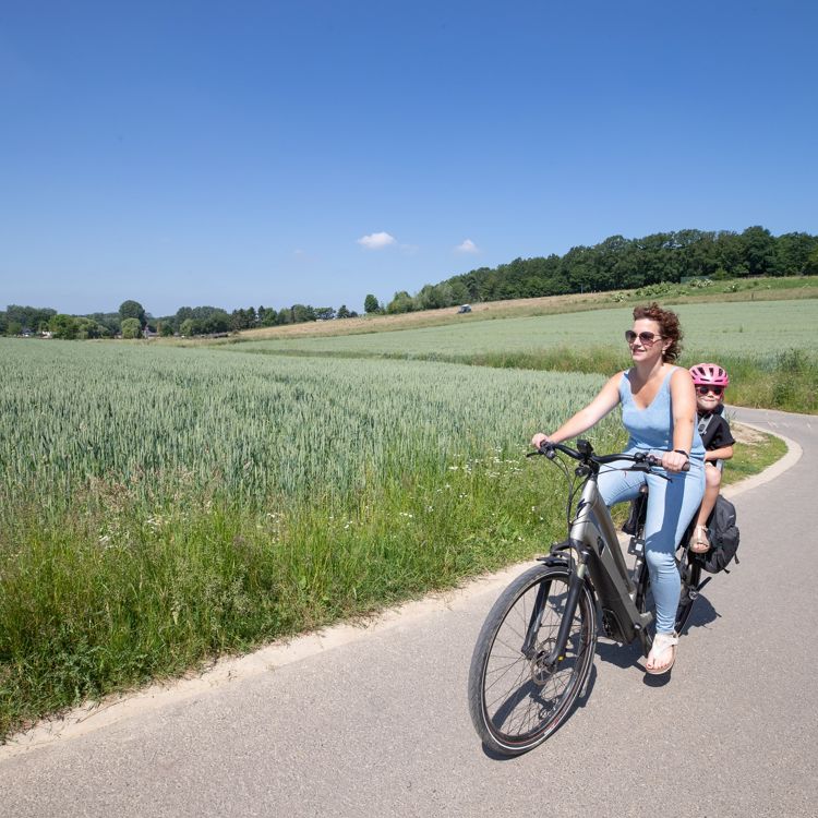 Een vrouw fietst op een e-bike met haar kind door het zomerse landschap